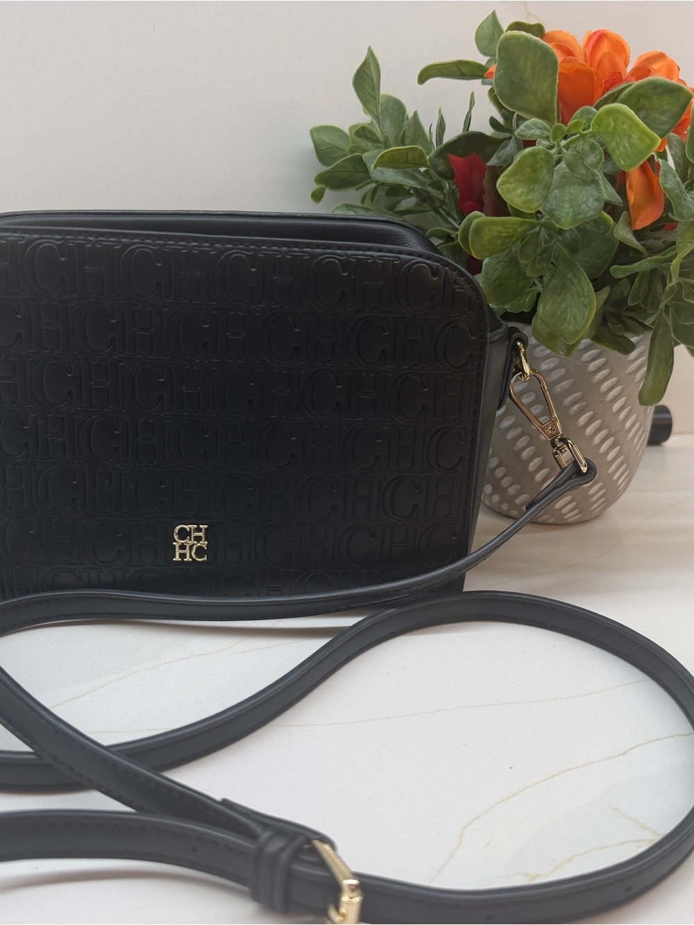 Carolina Herrera Black Embossed CH Logo Crossbody with Gold Hardware